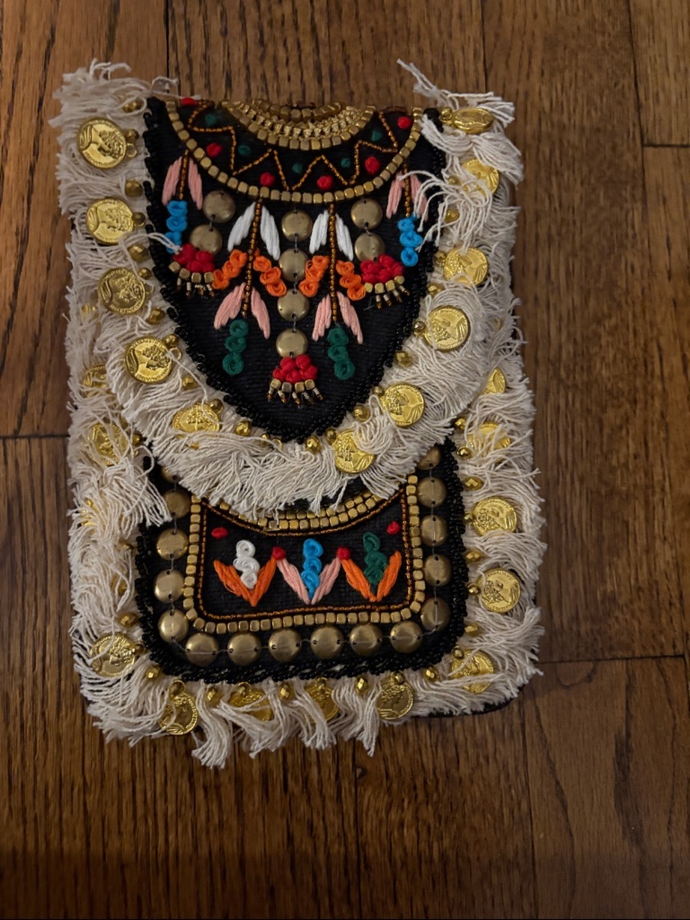Boho Embellished Fringe Crossbody Clutch in Cream & Black
